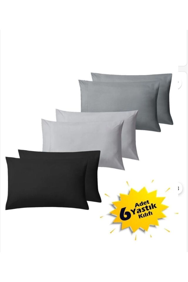 %100 Cotton (TOPLAM 6ADET) 2 Adet Füme 2adet Siyah 2 Adet Gri Yastık Kılıfı Pillow Case Çeyiz Siyah